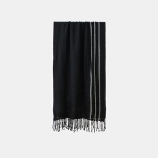 「 凌鸦ILNya 」廊_黑 条纹编织围巾 羊毛混纺流苏围脖披肩春秋季
