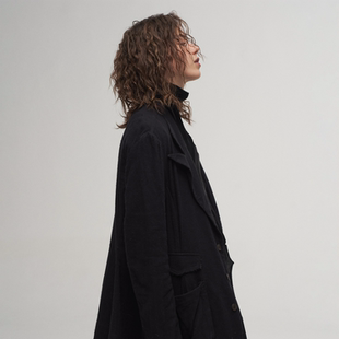 「 凌鸦ILNya 」差池_藏蓝 瀑布袖风衣 棉麻毛边复古慵懒感大衣