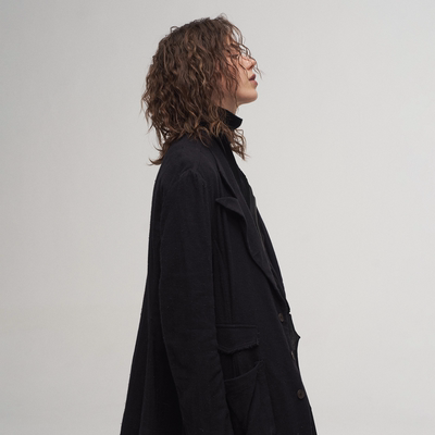 「 凌鸦ILNya 」差池_藏蓝 瀑布袖风衣 棉麻毛边复古慵懒感大衣