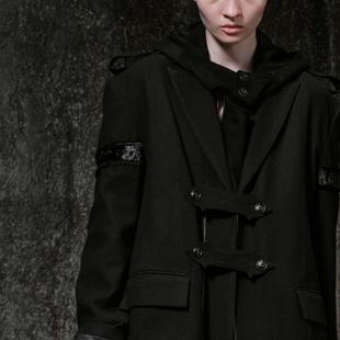 「凌鸦ILNya 」廊_黑 解构丝绒袖章风衣 秋冬拼接粗纺羊毛大衣