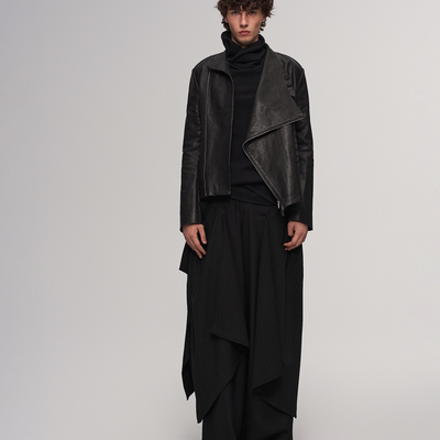 「 凌鸦ILNya 」差池_黑 花边夹克 水洗马皮蓓蕾花边真皮夹克外套