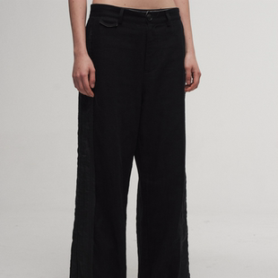 「 凌鸦ILNya 」差池_黑 拼接复古西裤 条纹棉麻拼料直筒西裤