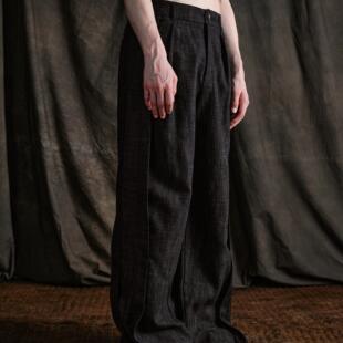 「 凌鸦ILNya 」廊_绿 猎装西裤 羊毛亚麻混纺拼接微喇休闲裤长裤