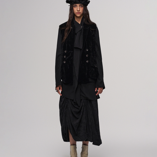 「 凌鸦ILNya 」差池_黑 丝绒双排扣马甲 驳领保暖秋冬季棉服马甲