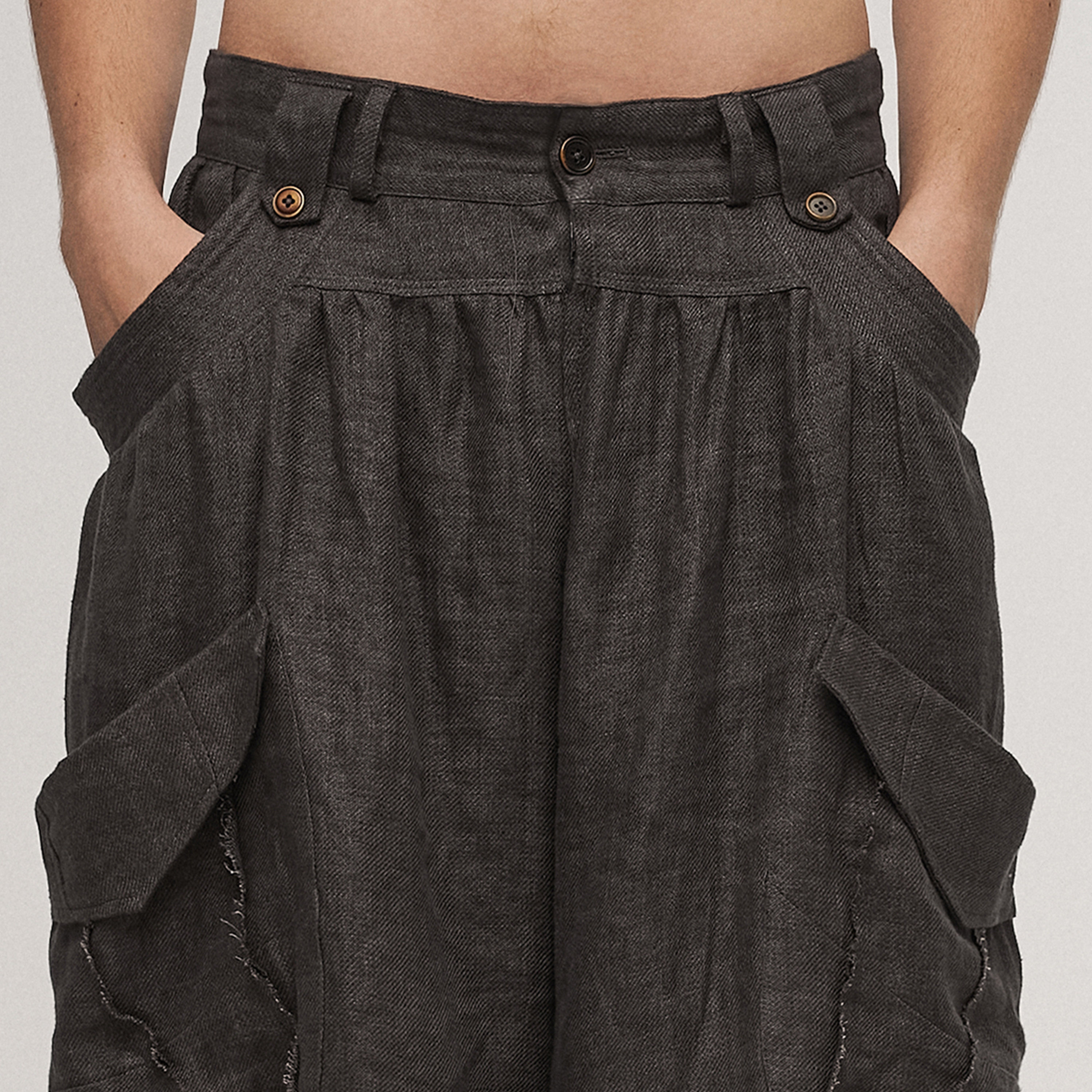 「 凌鸦ILNya 」差池_棕 降落伞短裤 亚麻斜纹宽松大口袋五分裤