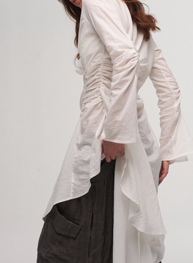 「 凌鸦ILNya 」差池_白 褶皱衬衫裙 优雅宫廷风修身中长款衬衫女