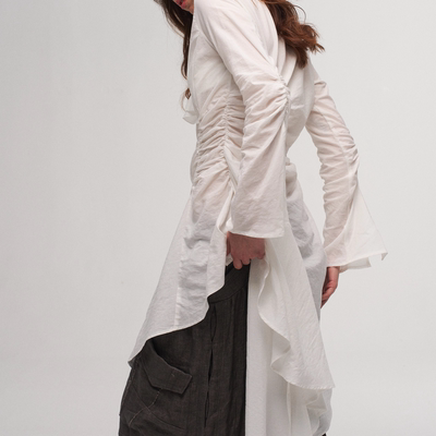 「 凌鸦ILNya 」差池_白 褶皱衬衫裙 优雅宫廷风修身中长款衬衫女