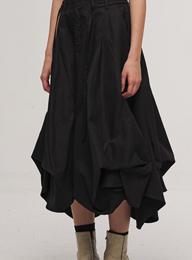 「 凌鸦ILNya 」差池_黑 墨粼花苞裙 异形剪裁宽松无腰头中长裙