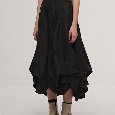 「 凌鸦ILNya 」差池_黑 墨粼花苞裙 异形剪裁宽松无腰头中长裙