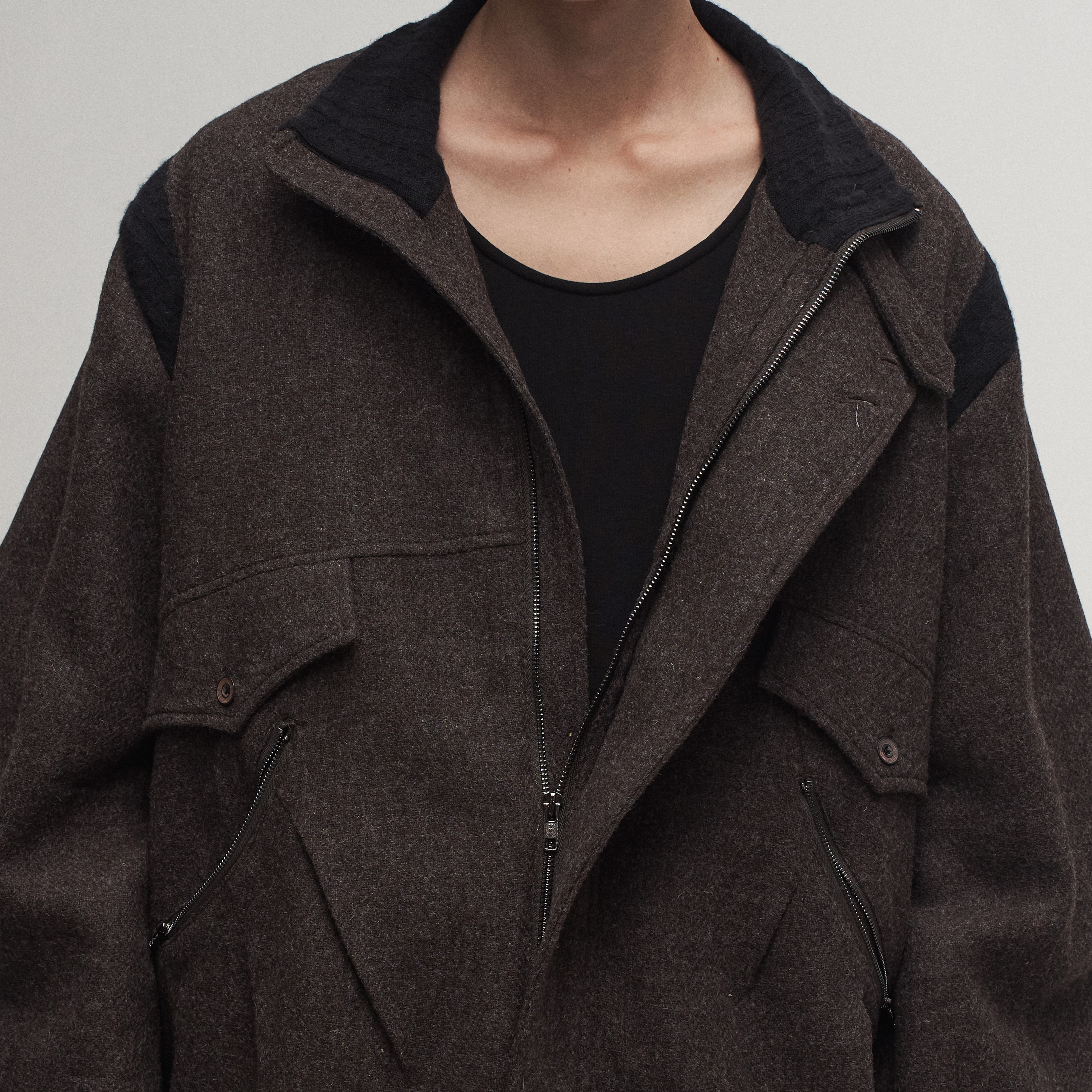 「 凌鸦ILNya 」差池_棕 针织领夹克 进口羊毛多口袋保暖宽松外套