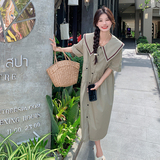 卡其色文艺娃娃领连衣裙女2025新款法式减龄学院风宽松收腰衬衫裙，女装连衣裙，2C056