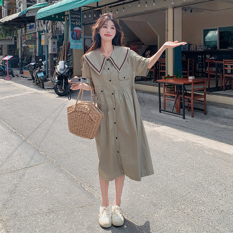 卡其色文艺娃娃领连衣裙女2025新款法式减龄学院风宽松收腰衬衫裙,女装连衣裙,2C056