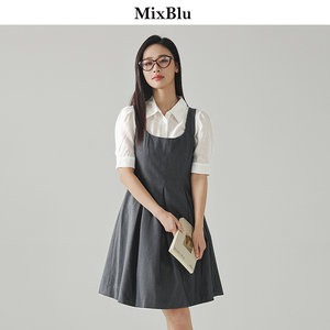 Mixblu深灰学院风衬衫背心裙两件套收腰显瘦连衣裙女2024夏季新款