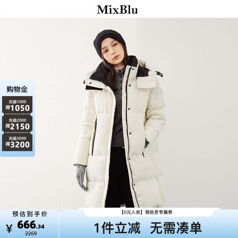 Mixblu韩版休闲中长款过膝羽绒服女2024冬季新款百搭连帽保暖外套