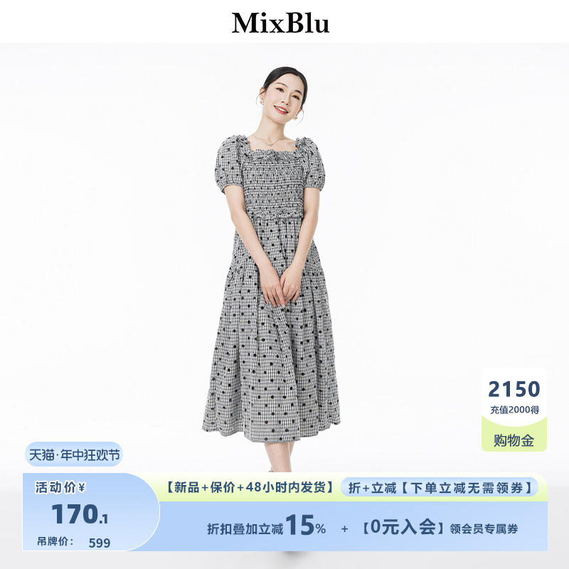 Mixblu泡泡袖波点方领连衣裙