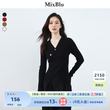 Mixblu黑色斜襟纽扣收腰针织衫显瘦设计感v领长袖毛衣女2023秋冬