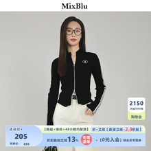 Mixblu黑色双开头拉链条纹针织衫女2024新款长袖毛衣开衫修身显瘦