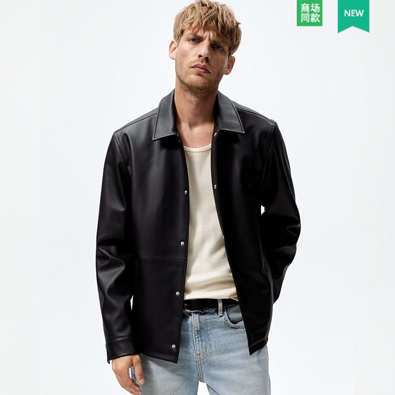 ZA男装翻领秋季纯色皮衣夹克