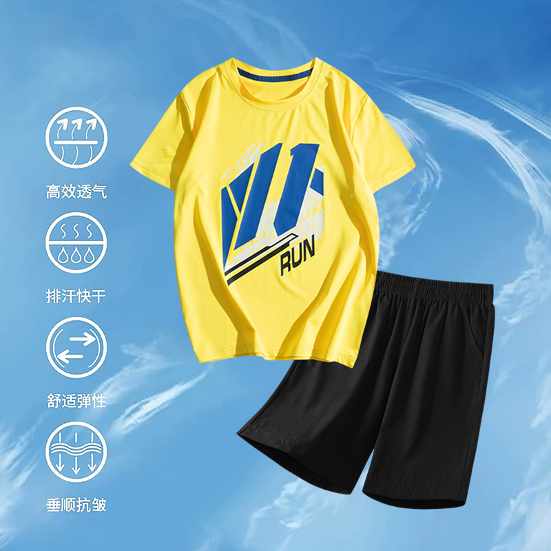 巴拉线儿童冰丝速干衣套装男童夏装短袖短裤中大童男孩运动套装