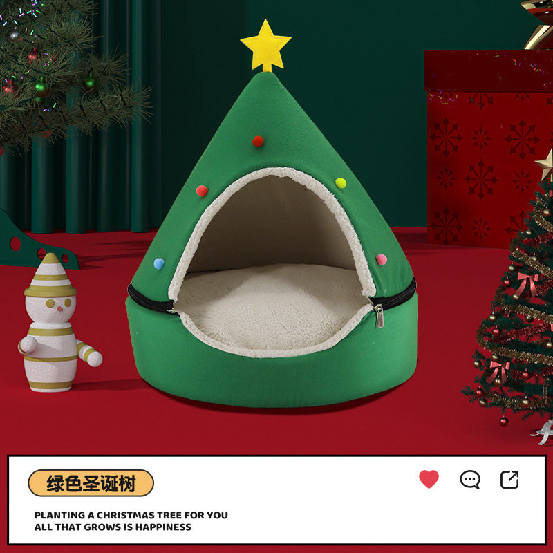 跨境圣诞树猫窝深度睡眠冬季保暖狗窝半封闭式冬天加厚猫窝现货发