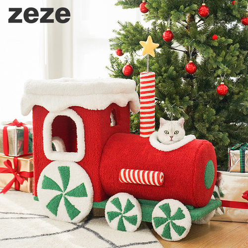 zeze圣诞小火车猫爬架猫窝一体冬季保暖四季通用猫咪睡窝玩具用