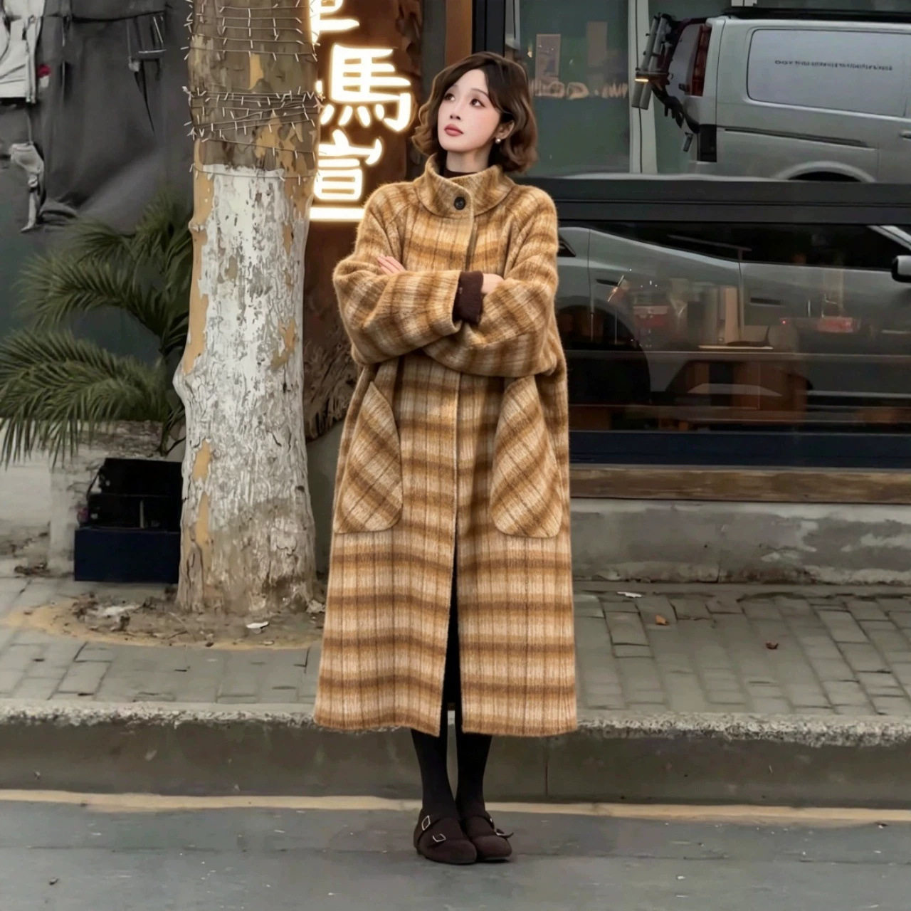 2026秋冬新款双面羊毛大衣女中长款韩版宽松休闲格子羊绒气质外套