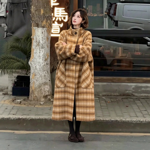 2026秋冬新款双面羊毛大衣女中长款韩版宽松休闲格子羊绒气质外套
