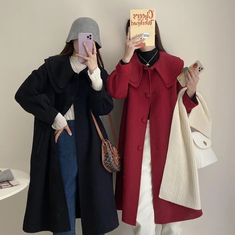 双面羊绒灯笼袖大衣女2025秋冬新款韩版双层娃娃领羊毛呢纯色外套