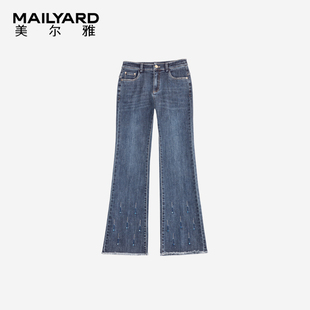 美尔雅女装 中腰刺绣亮片女士牛仔裤 修身显瘦微喇毛边长裤519