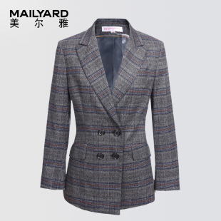OL磨毛女单西745 气质修身 美尔雅女装 双排扣大格纹西装