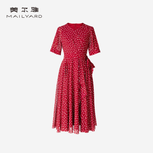 美尔雅女装 轻盈透气波点红裙894 优雅知性小V领连衣裙