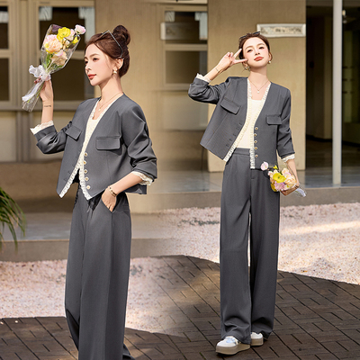 灰色高级感西装套装女2025春季新款蕾丝气质通勤垂感阔腿裤两件套