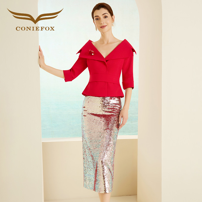 轻奢红色主持宴会亮片法式礼服