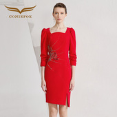 创意狐订婚衣服女平时可穿红色小个子订婚礼服2024新款 宴会连衣裙