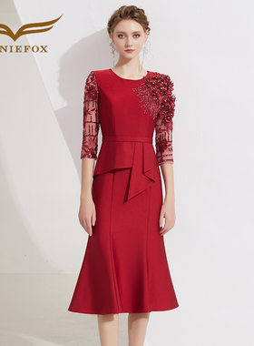 创意狐红色小礼服名媛气质晚宴会主持人礼裙日常可穿演出服连衣裙