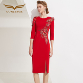 创意狐红色连衣裙贴花刺绣高端宴会主持人礼服裙气质合唱团演出服