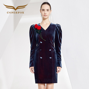 创意狐2025长袖丝绒高端气质晚宴会礼服平时可穿小个子礼服连衣裙