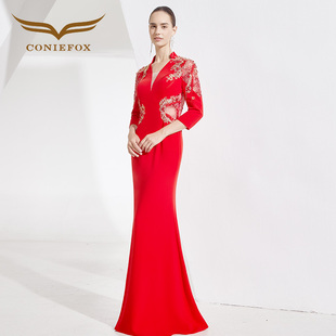 创意狐2025新款晚礼服红色敬酒服新娘高级感长裙宴会主持人演出服
