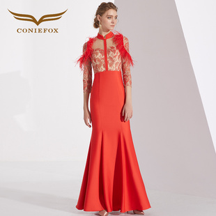 创意狐主持人晚礼服端庄大气优雅红色礼服演出服长裙鱼尾拖尾礼服