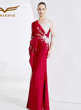 创意狐晚礼服女2023新款年会晚宴礼服高端长款红色主持人气质长裙