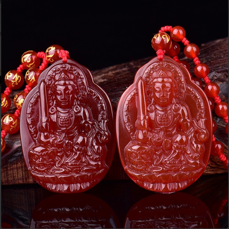 花边属兔红玛瑙文殊菩萨吊坠项链