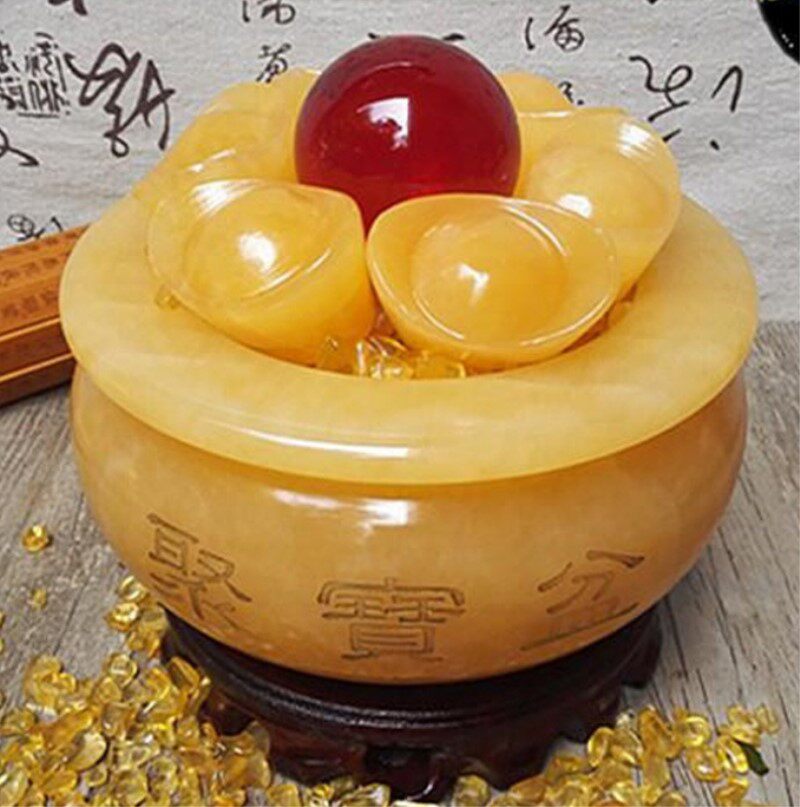 黄玉摆件财神赐福聚宝盆风水九星转动藏风聚气聚宝盆摆件