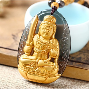 18K黄金冰种黑曜石不动明王不动尊菩萨生肖鸡本命佛守护神吊坠
