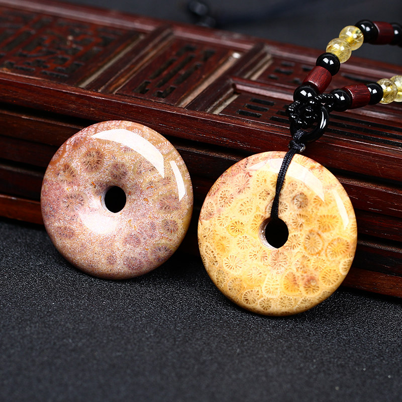 天然珊瑚玉平安扣吊坠项链男女款情人节饰品