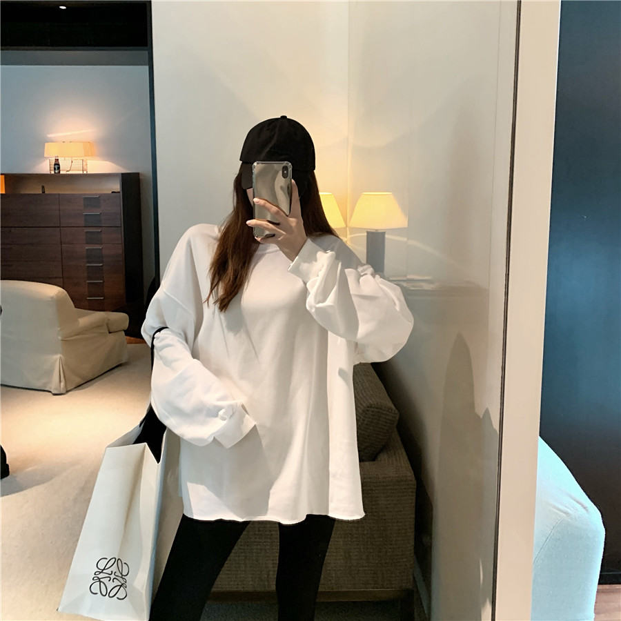 Real shot age reduction white sweater women's loose autumn Korean long sleeve large solid color Pullover