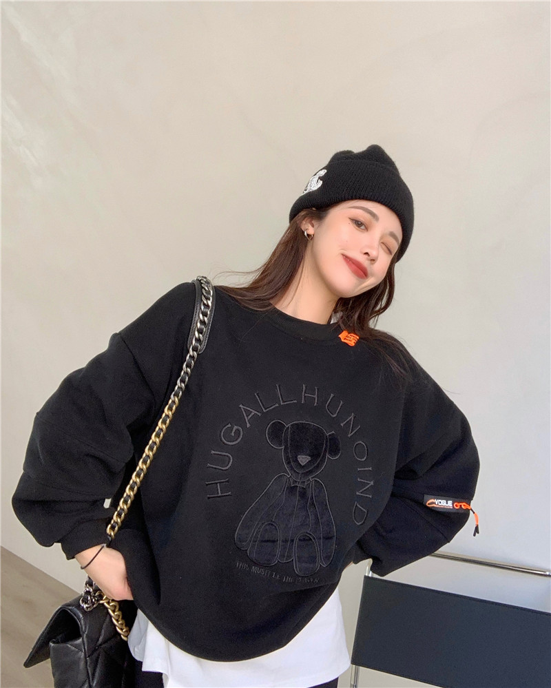 Live stitching cartoon bear letter embroidery thickened Plush sweater women's loose and versatile style