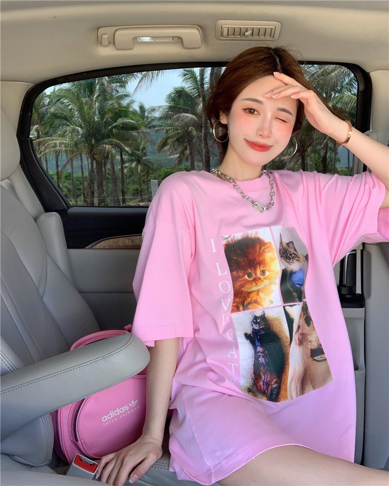 Real shot round neck top cat dog t-shirt ~ loose print for men and women