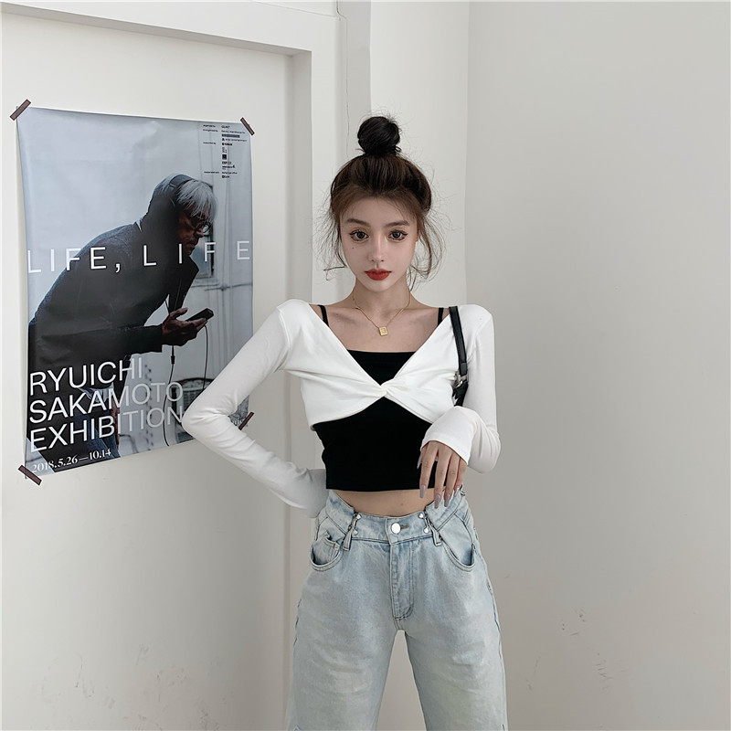 Real shooting autumn and winter new cross top female collar show thin long sleeve kink two piece set
