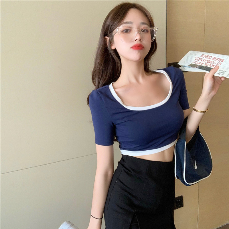 Real shot super short large U-neck top women's high waist new short sleeve sexy open navel Hong Kong flavor explicit T-shirt