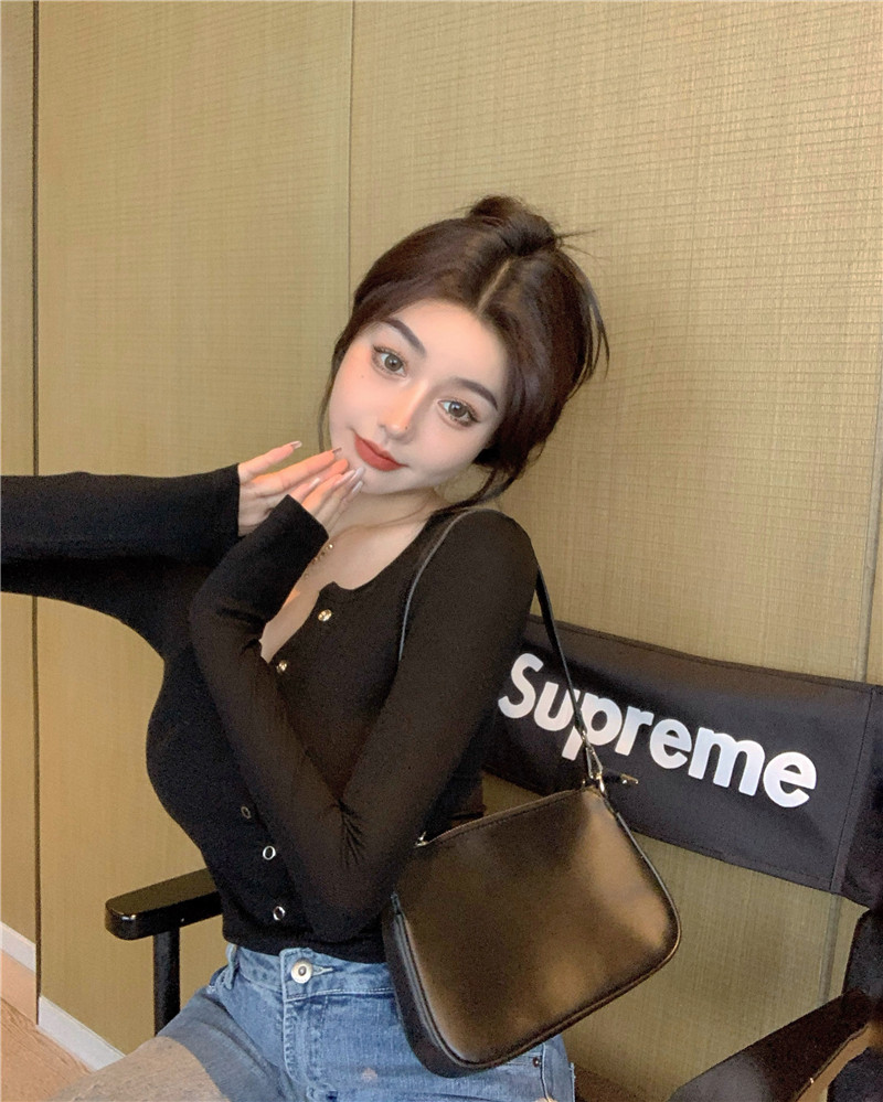 Real French retro basic slim single breasted long sleeve round neck T-shirt women's top